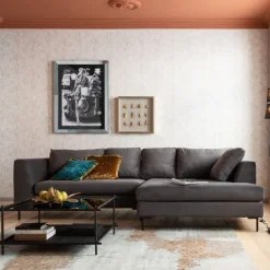 Best Hoekbank Gianni Fluweel Grijs Rechts Zwart Kasten