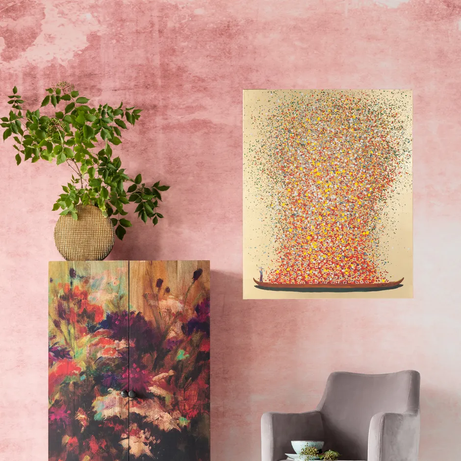 Fashion Schilderij Touched Flower Boat Goud-rood 100x80cm Wanddecoratie|Kasten